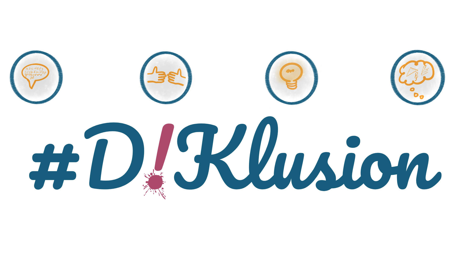 Logo-Schriftzug ‚#D!Klusion‘ mit vier Icons für 21st Century Skills: Kommunikation, Kollaboration, Kreativität und kritisches Denken.